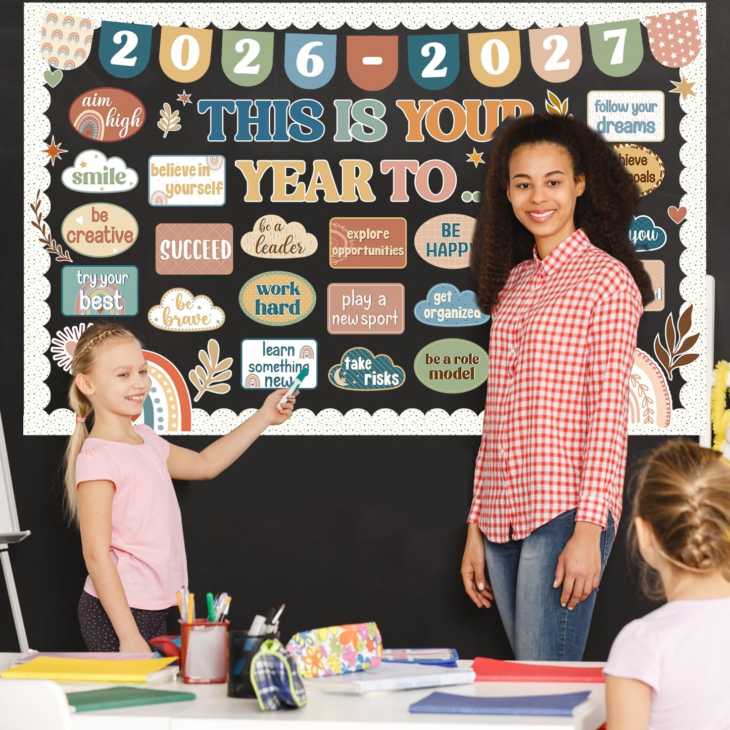This is Your Year Bulletin Board Decorations Boho Welcome Back to School Bulletin Board Sets Inspirational Poster Positive Affirmations Wall Decor for Teacher School Office Chalkboard Wall Door Decor