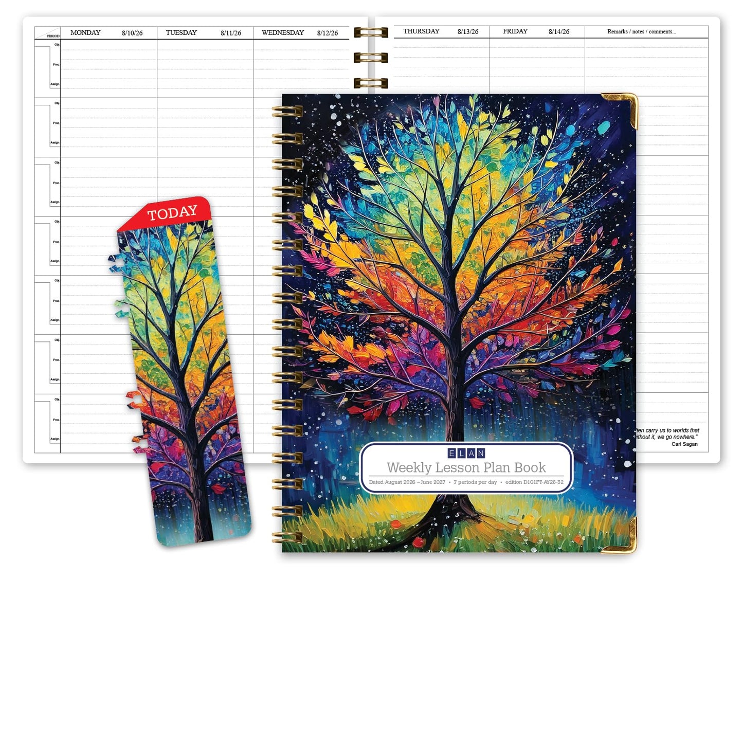 Elan Publishing Company HARDCOVER 7 Period Dated Teacher Lesson Plan; Days Horizontally Across The Top Dated for 2026-2027 Academic Year with Bonus Clip-in Bookmark (Black Tree Seasons)