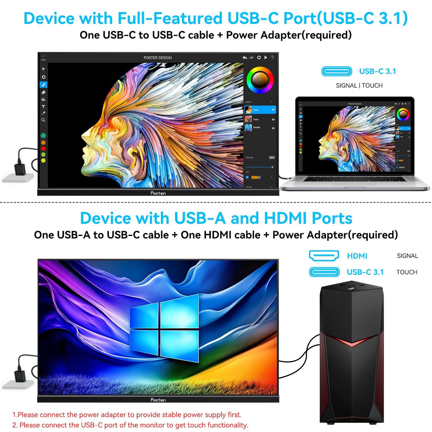 Prechen 23.8" 200hz Portable Touchscreen Monitor 99% sRGB VA FHD 1080P, VESA, Built-in Speaker, w/90°Adjustable Stand USB-C HDMI External Second Touch Screen Display for Laptop/PC/Phone