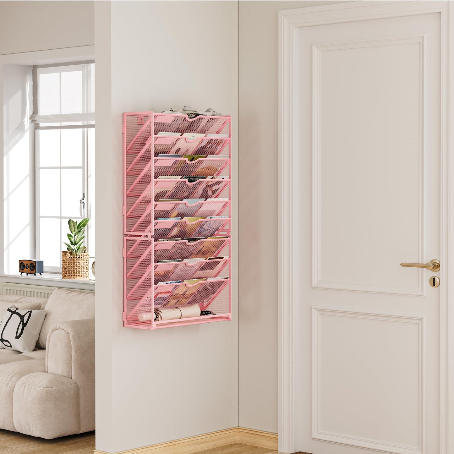 Lavatino 10-Tier Hanging Wall File Folders Organizer - Pink Metal Mesh Paper Magazine Document Mail Holder File Organizer for Office School Home Wall Mount or Desk Supplies Organization