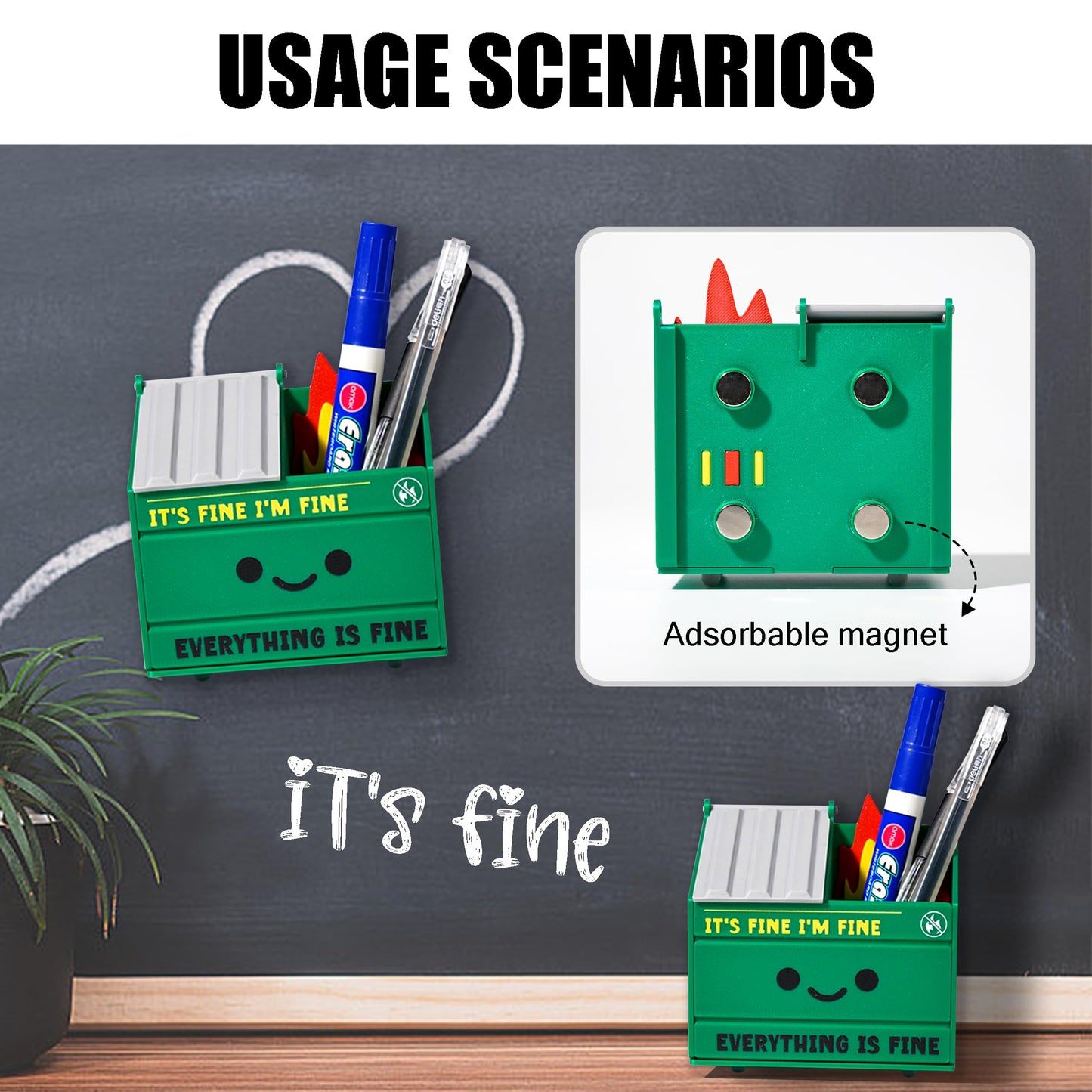 Tian Zhun Dumpster Fire Pencil Holder Funny Magnetic Pen Holder Strong Magnets to Store Marker Pencil Organizer for Refrigerator Whiteboard Locker Home Office or Hospital