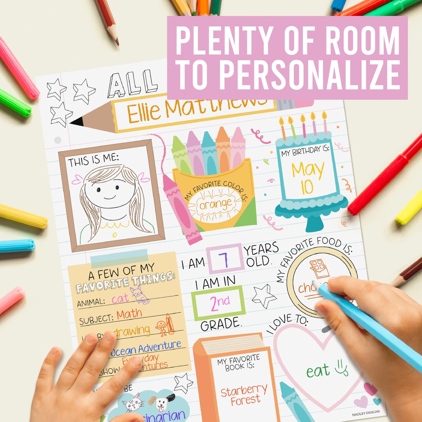 Hadley Designs All About Me Posters for Classroom Must Haves - 20 Star Student Poster, 100 Days of School Items, Star of The Week Poster Elementary Classroom Decor, End of School Year Teacher Supplies
