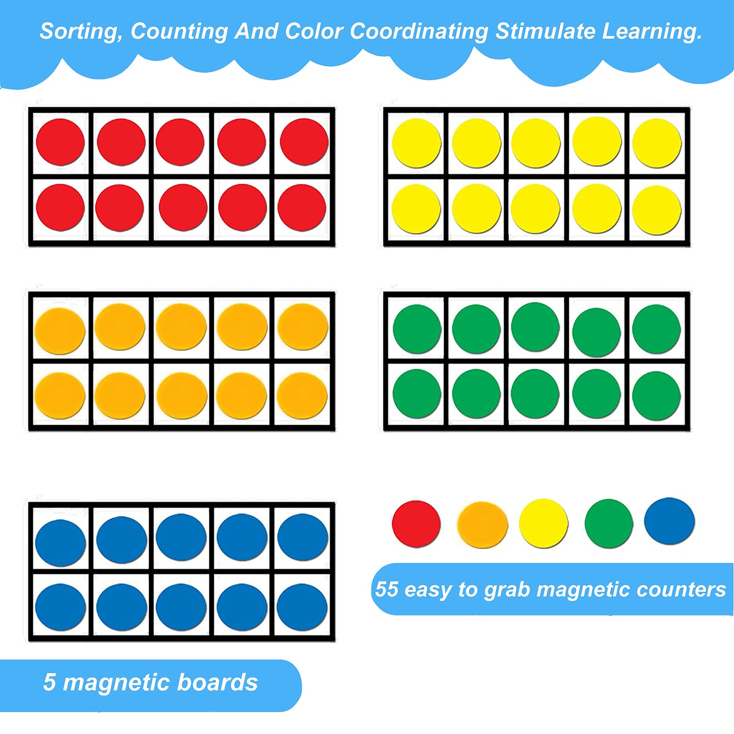 BAIVYLE Foam Magnetic Ten Frame Set for Toddlers - 5 Ten Frames with 55 Magnetic Counters | Math Manipulative for Addition, Subtraction & Number Sense | Classroom & Homeschool Supplies