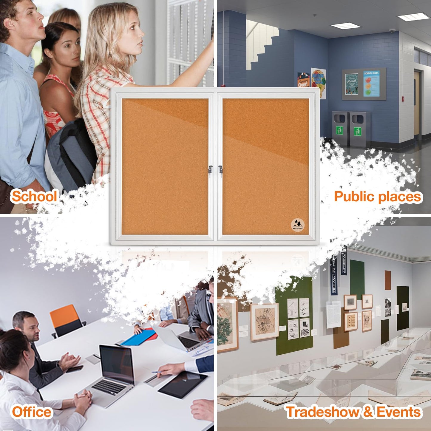 Lockable Outdoor Enclosed Bulletin Board, Weatherproof Cork Noticeboard with Locking Door, Wall-Mounted Aluminum Framed Display Case for Messages (Silver Frame & Cork, 44x32 in)