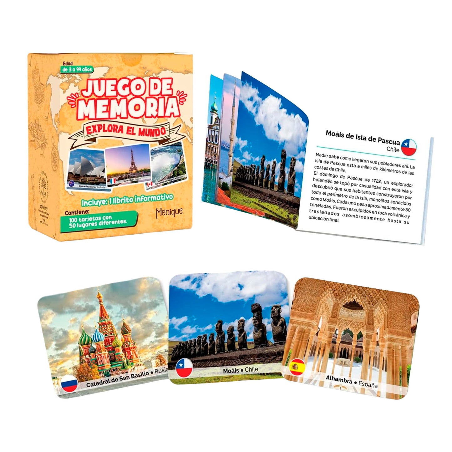 Menique Explore the World Memory Matching Game – Spanish Edition – 100 Cards (50 Pairs) with Iconic Landmarks, Country & Flag – Educational Geography Game in Spanish.