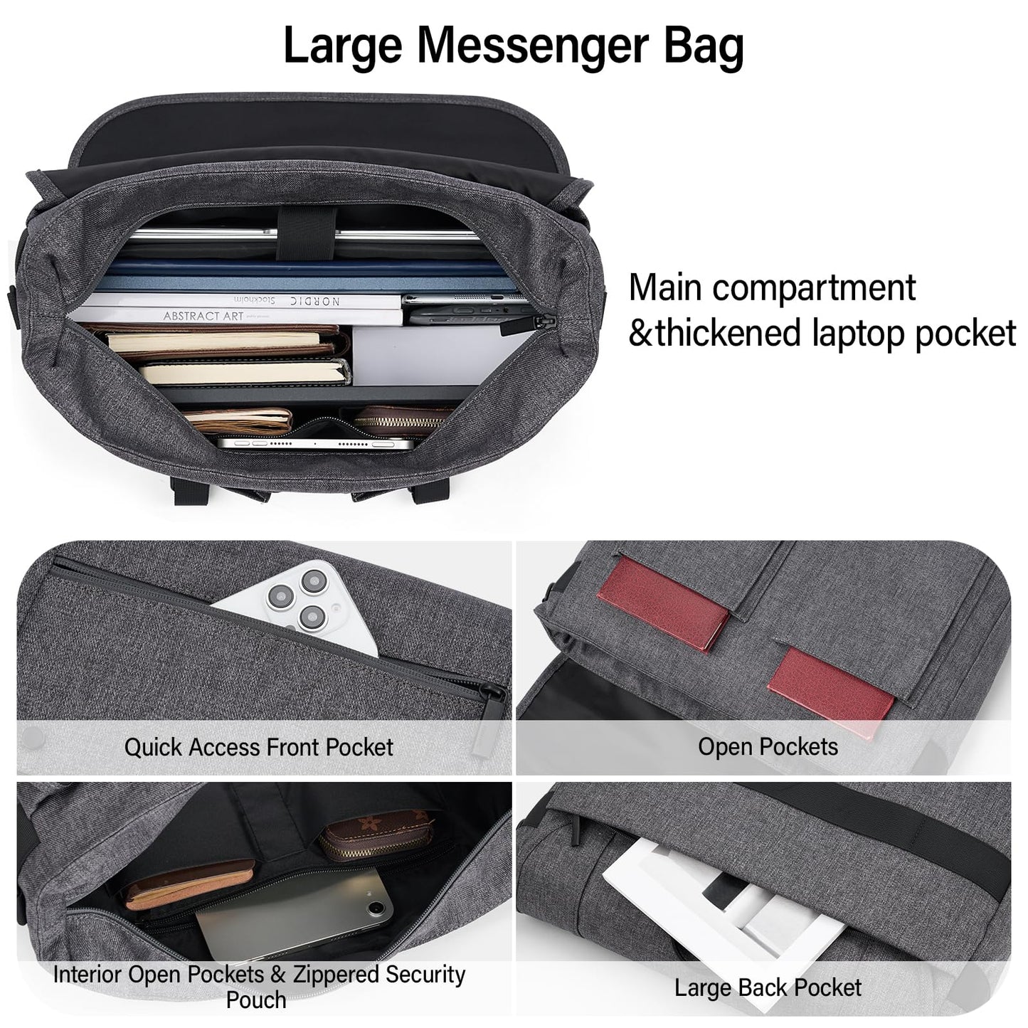 Hanke Durable Messenger Bag for Men with 15.6 Laptop Case, Business Cross Body Bag Briefcase for Women,School or Work Tote Bag Large Messanger Bag.（Dark Grey）