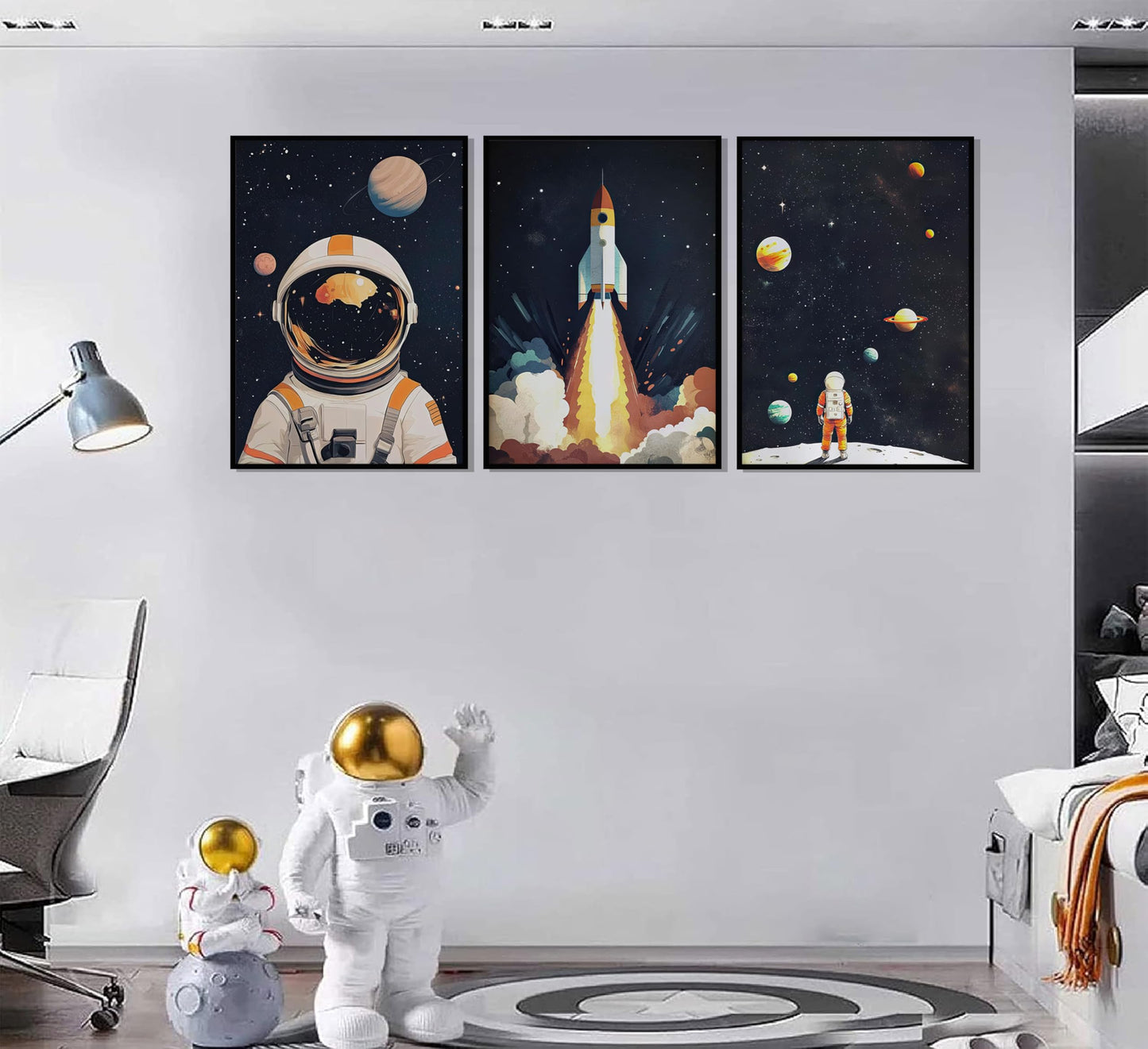 3Pcs Space Astronaut Wall art Cute Astronaut Canvas Nursery Galaxy Posters Modern Space Themed Print Rocket Pictures Toddler Boy Room Wall Decor for Adventure Kids Bedroom Nursery Room Unframed