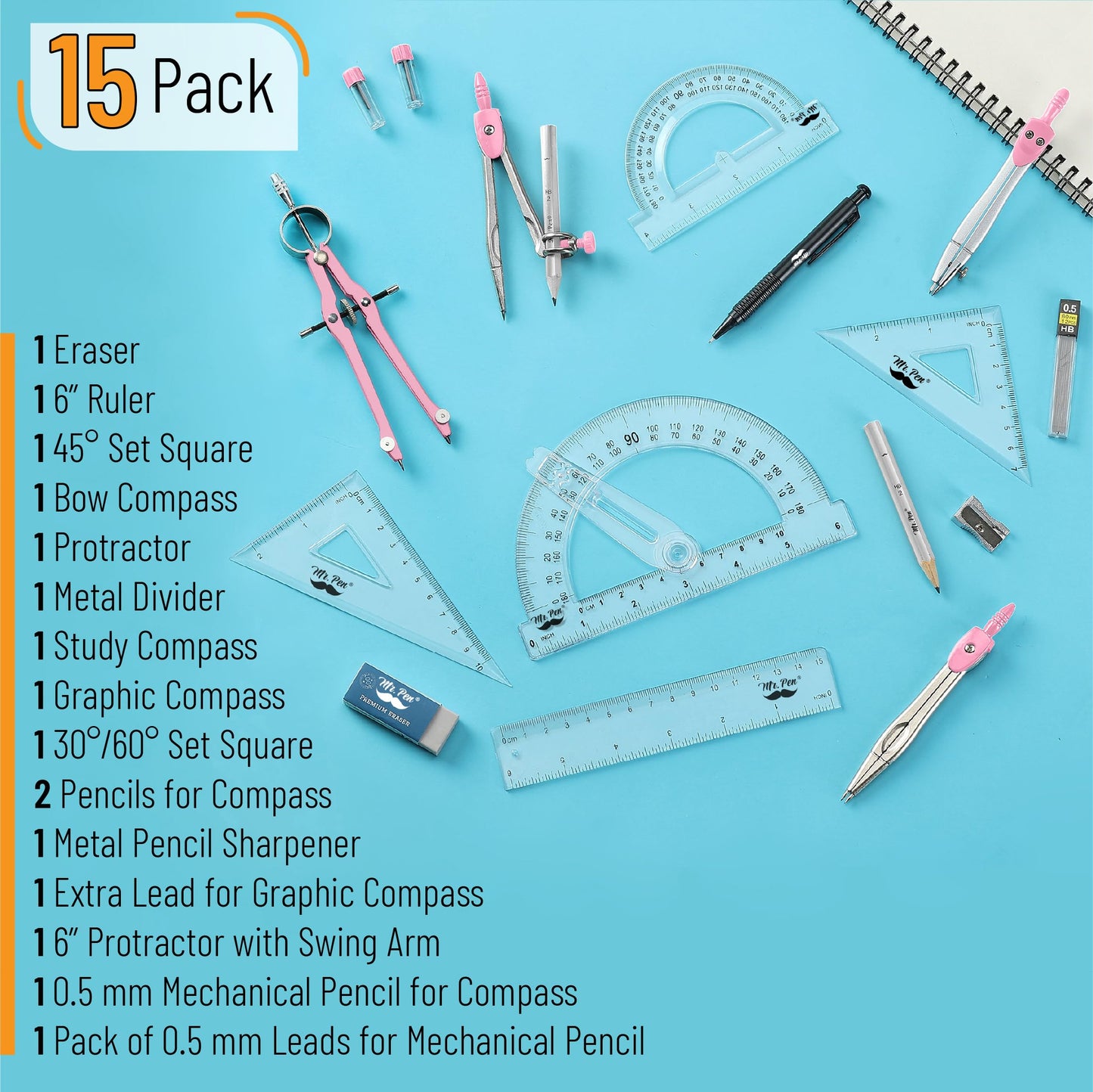 Mr. Pen- Geometry Set, 15 pcs, Pink, 6 Inch Swing Arm Protractor, Divider, Set Squares, Ruler, Compasses and Protractor