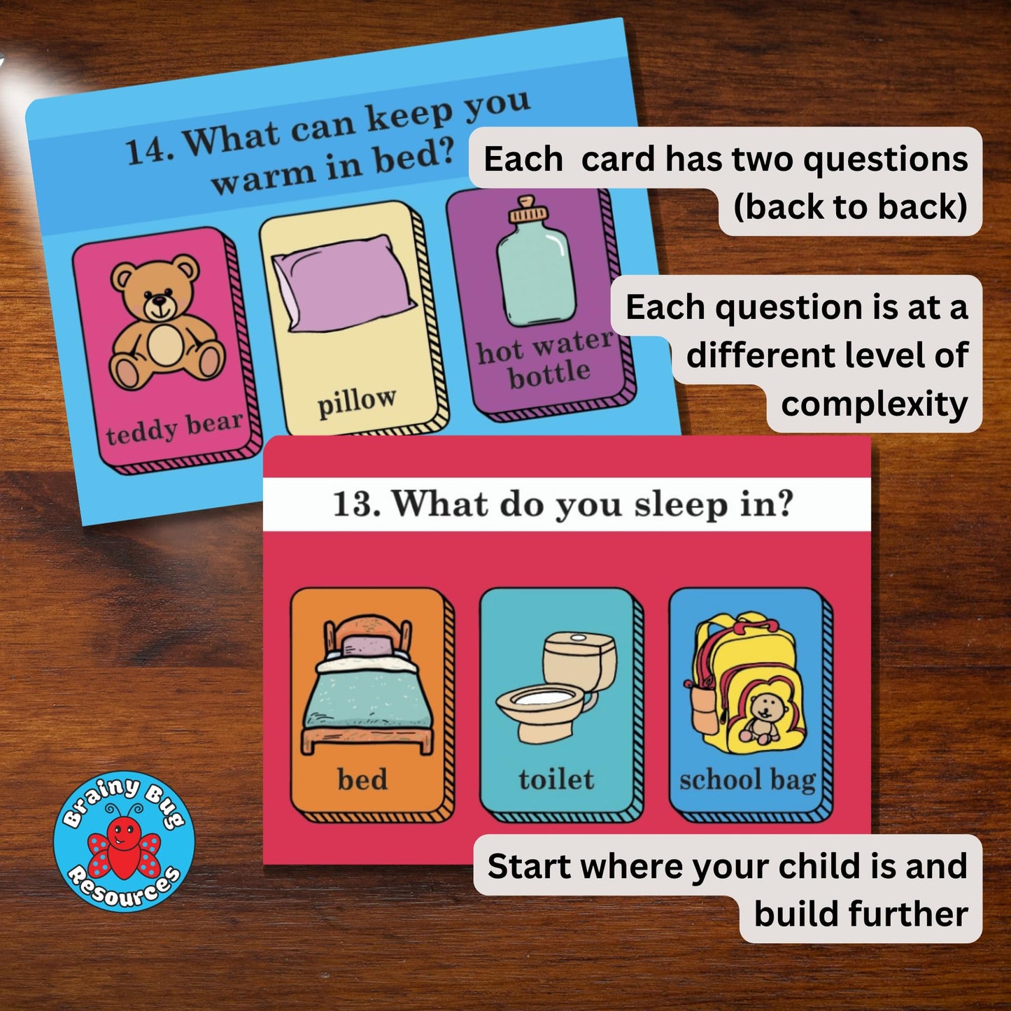 Brainy Bug Verbal Reasoning Flashcards | English Question & Answer Cards | 60 Questions | Two Levels of Difficulty | ESL | Special Needs | Home Schooling