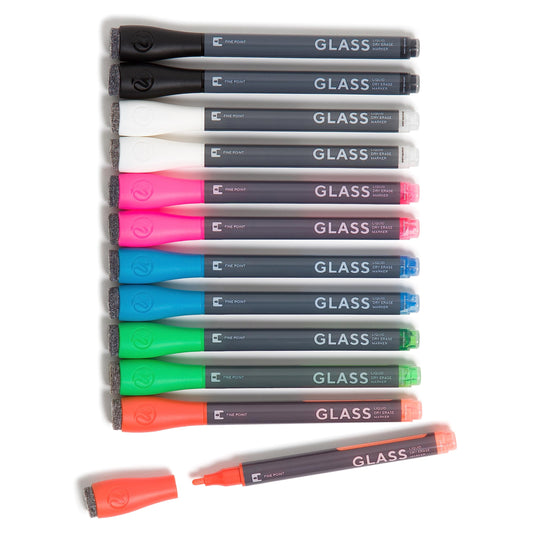 U Brands Fine Tip Liquid Glass Whiteboard Markers with Eraser for Glass Boards, Dry Erase Boards, and Chalk Boards, Assorted Bright Colors, Set of 12