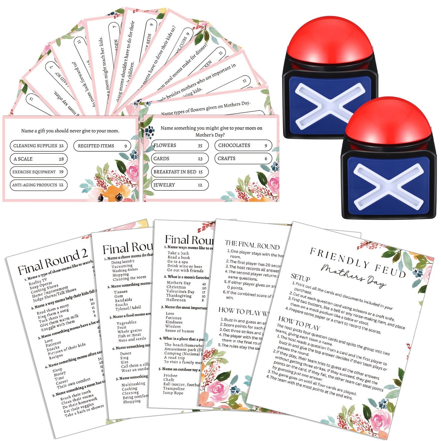 Syhood Mother's Day Friendly Feud Card Game with 2 Answer Buzzers, Family Trivia Quiz Game Night, Fun Party Activities for Adults, Office, Classroom, Large Group and Team Building