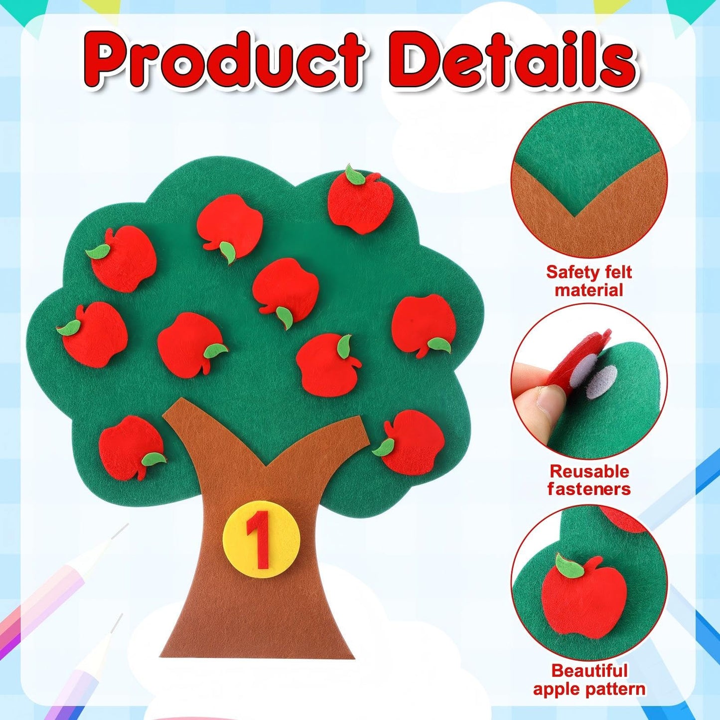 Junkin 12-Pack Bulk DIY Felt Apple Tree Numbers Set 1-10, Board Addition and Subtraction Math Games, Felt Board Activity for Classrooms, Holiday and Educational Interactive Learning