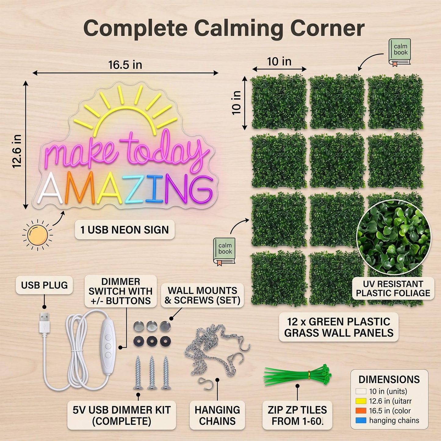 Fumete 13 Pcs Green Reading Corner Classroom Calming Corner Decor 10 x 10" Grass Wall Panels with Make Today Amazing Neon Sign Classroom Greenery Wall Decoration for Home School Party Supplies