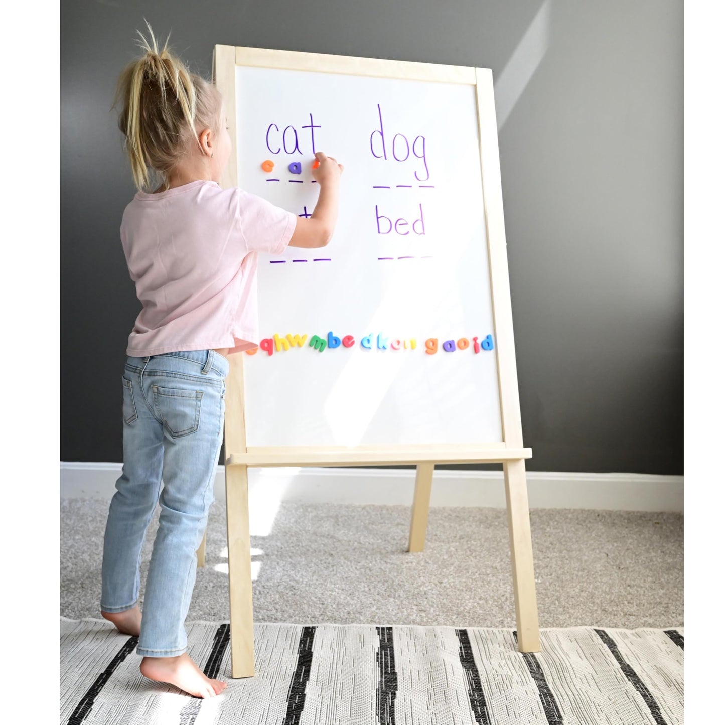 4-in-1 Wooden STEM Learning Easel – Magnetic, Write-and-Wipe & Flannel Board for Early Math, Geometry & Interactive Classroom Activities