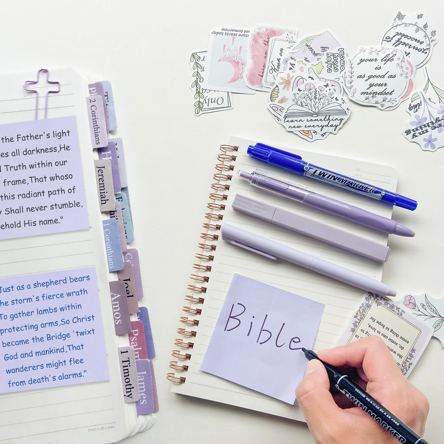 J6&H6 170Pcs Complete Bible Study Supplies Journaling Kit with Tabs, Highlighters and Color Pens, Notebook,Stickers & More Bible Accessories Set for Women, Beginner Christian Gifts(Purple)