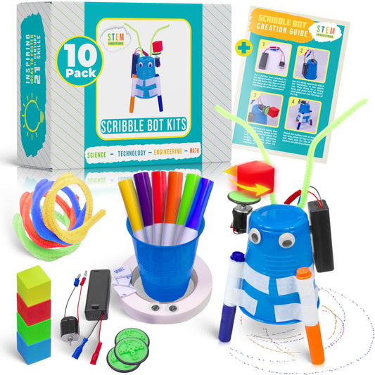 Scribble Bot Kit, 10-Pack – Build 10 Motorized Drawing Robots, Complete Simple Circuits STEM Project Kit for Classrooms, Ages 8+