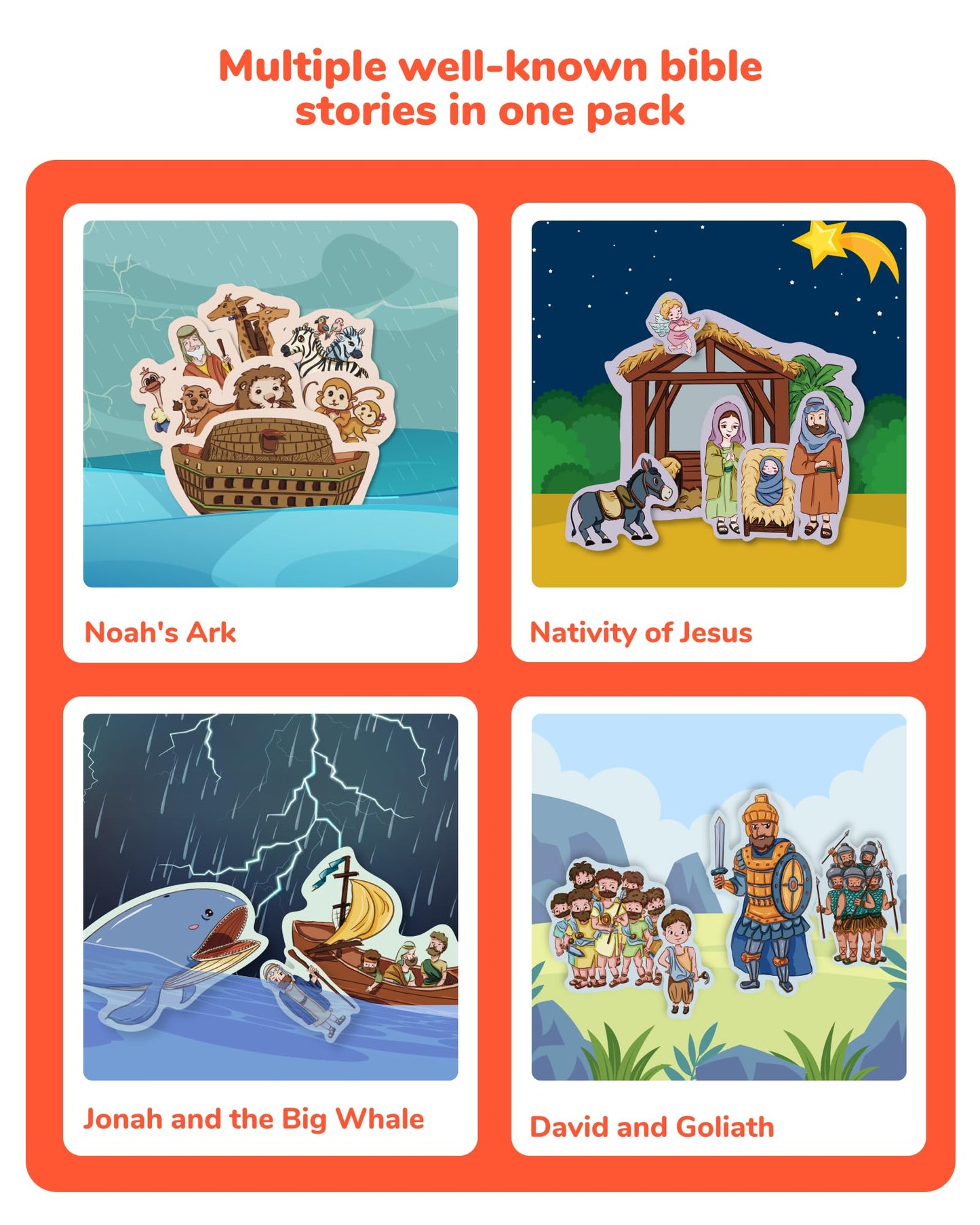 CHEFAN 4 Pack Felt Board Bible Stories Set, Flannel Board Stories Include Noah's Ark, Jonah and The Whale, David and Goliath, The Nativity of Jesus, 50 pcs Precut Flannel Graph Bible Toys for Kids