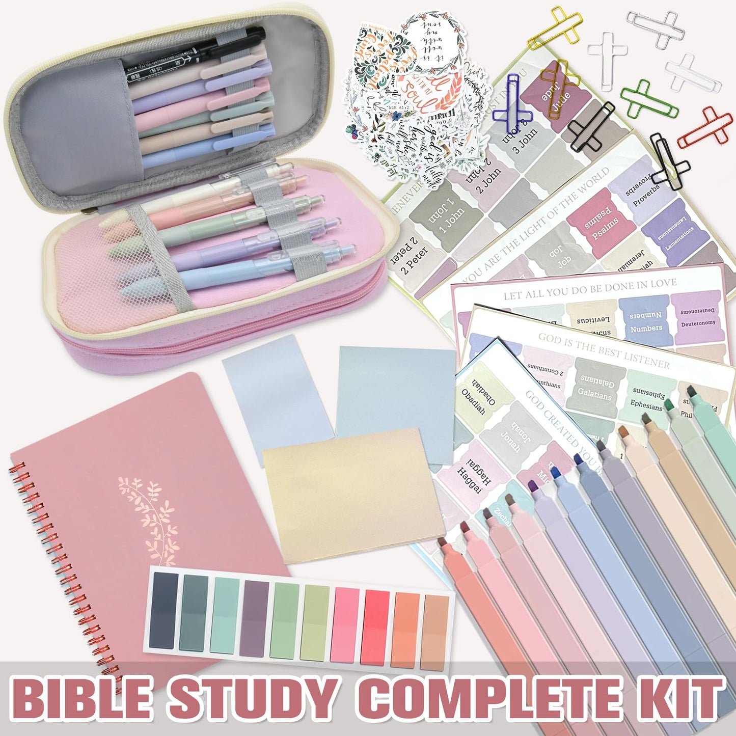 FEMBW Bible Study Supplies Kit for Women – Pink Bible Cover, Notebook, Tabs, Highlighters, Pens, Pen Case – Christian Gifts for Students, Beginners, BibleAccessories for Journaling