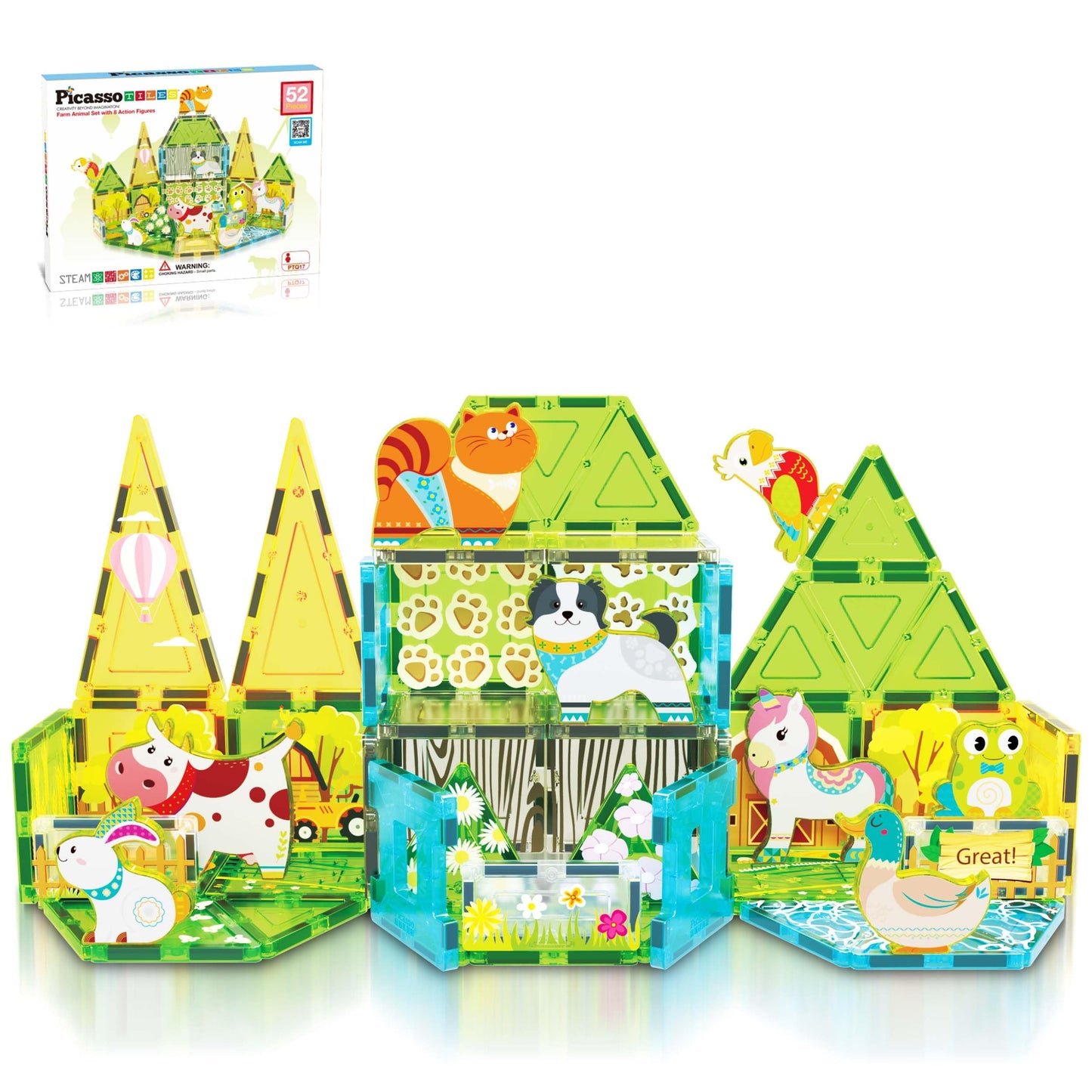 PicassoTiles Magnetic Tile Farm Animal Building Playset with 8 Character Figures STEM Construction Toy for Kids Age 3 Plus Educational Pretend Play Learning Blocks Farmyard Creative Activity Kit PTQ17