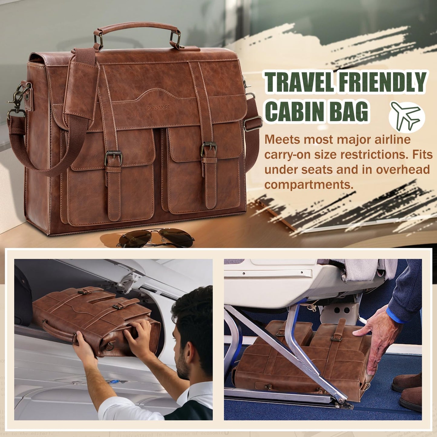 RAINSMORE Mens Messenger Bag 17 Inch Vintage Leather Laptop Briefcase Magnetic Closure Large Satchel Computer Shoulder Bag