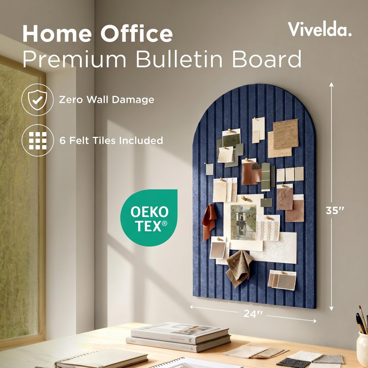 VIVELDA Large Felt Bulletin Board Arched 35" x 24" - Cork Board Alternative for Wall, 6 Felt Tiles with 32 Adhesive Tabs, Stylish Pin Board for Home Office, Bedroom & Classroom (Indigo)