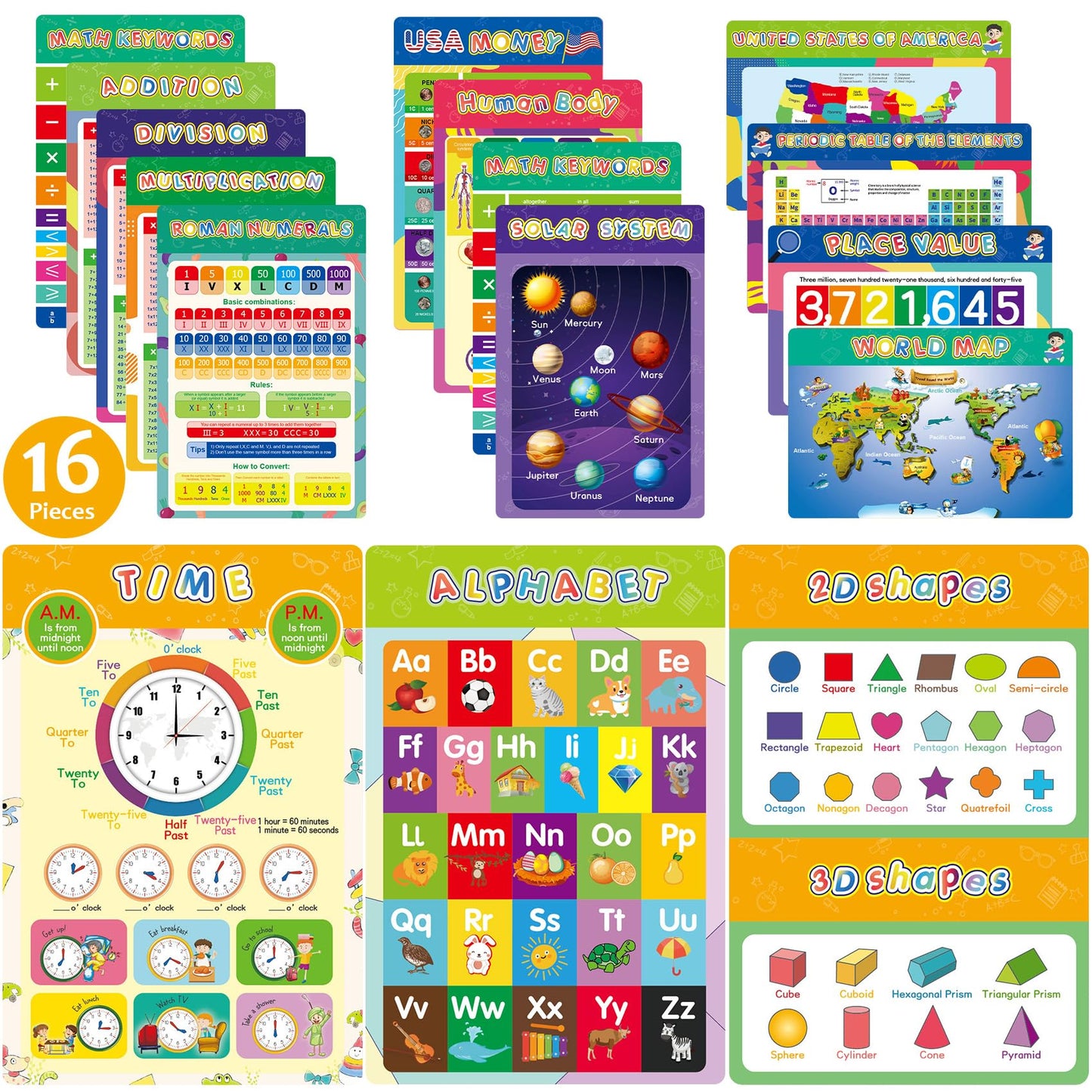 16 Pieces Educational Posters for Elementary Middle School Classroom Teach Homeschool Decor 1st 2nd 3rd 4th 5th Grade for Kindergarten Preschoolers Toddlers Kids