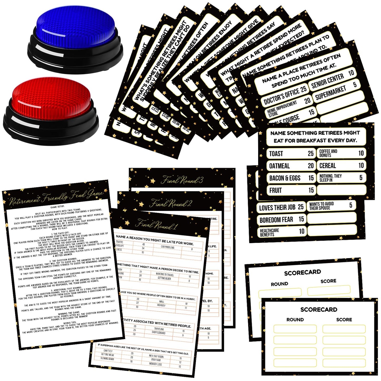 Humyoun 20 Pcs Retirement Friendly Feud Game Set Retirement Party Game Trivia Quiz with 18 Card 2 Buzzer for Adults Family Games Activities Party Supplies, Battery Not Included
