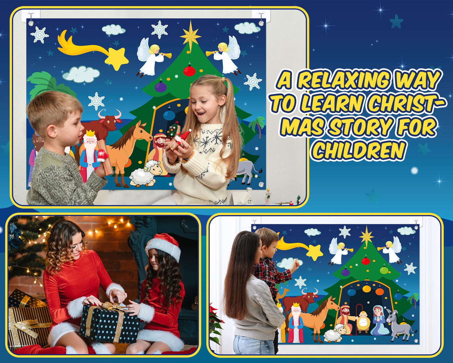 Yexiya Christmas Nativity Scene Felt Story Board Set for Toddlers Children, 3.4 Feet Nativity Crafts for Kids Preschool Sunday School Decorations Reusable Wall Hanging Gift for Boys Girls (Fresh)