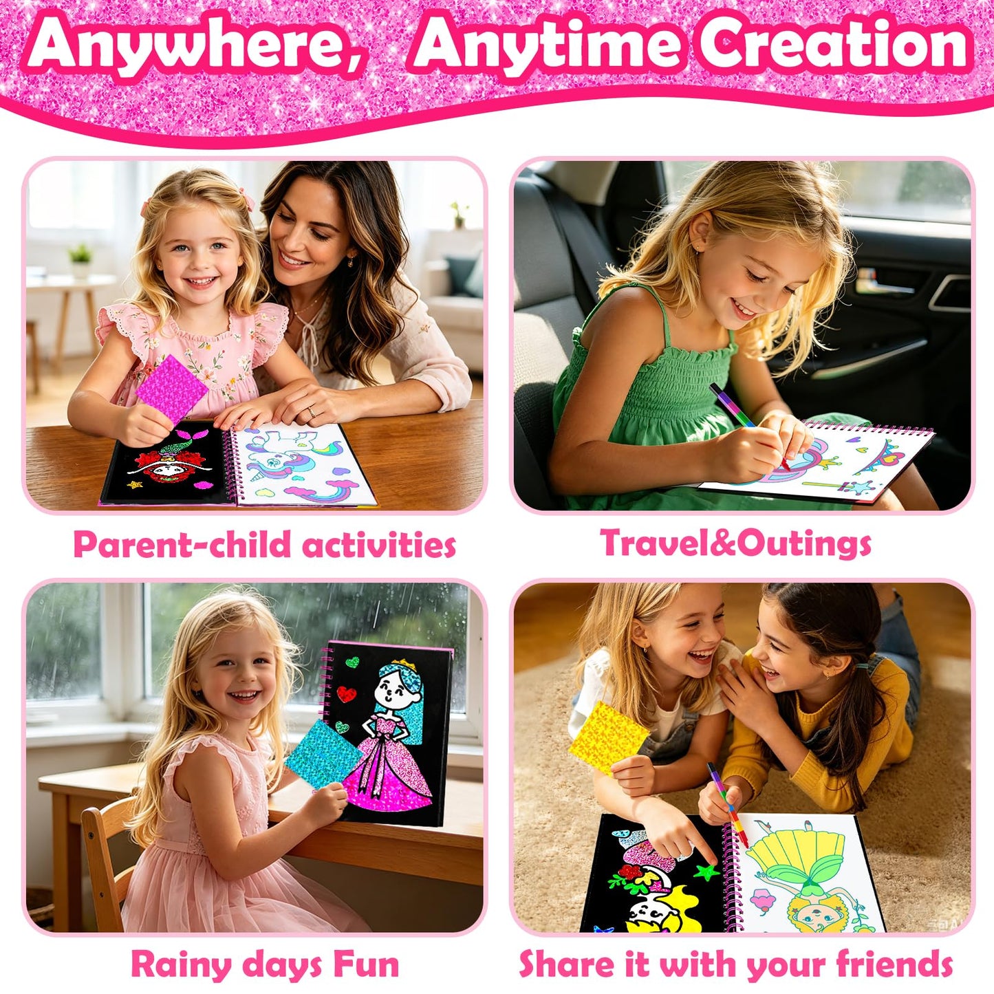 FUNNYB&G Foil Art Craft Kit for Girls 4-10 Years Old: Mess-Free & No-Glue, Create 16 Sparkly Princess Unicorn Pictures – Perfect Travel Toy & Birthday Gift for Kids (Princess)