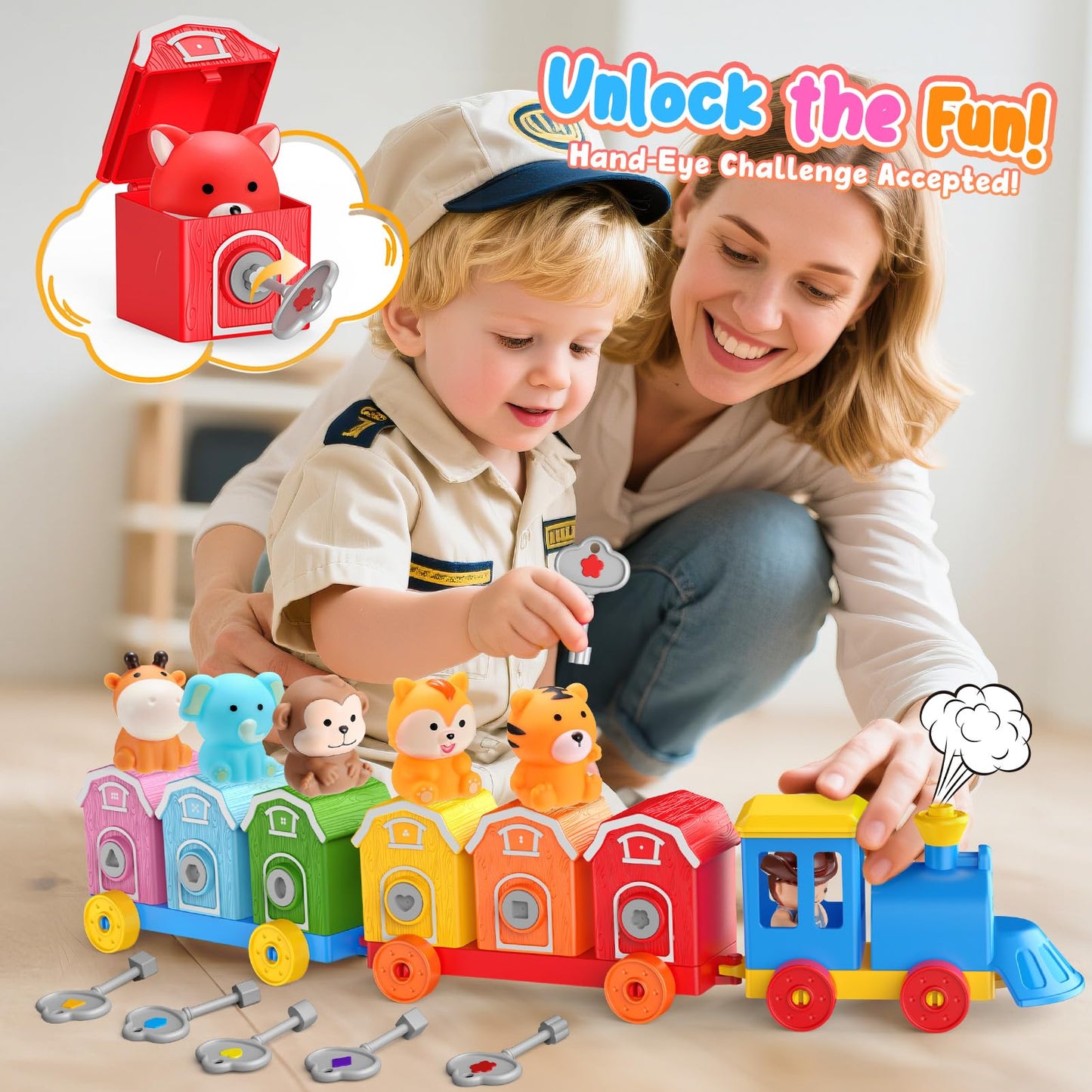 Animal Montessori Learning Toys for 2 3 4 5 Year Old Kids, Toddler Animals Train Locks & Keys Matching Toys Counting & Sorting Trains Set, Preschool Toy Boys Girls Christmas Birthday Gifts Age 2-4 3-5