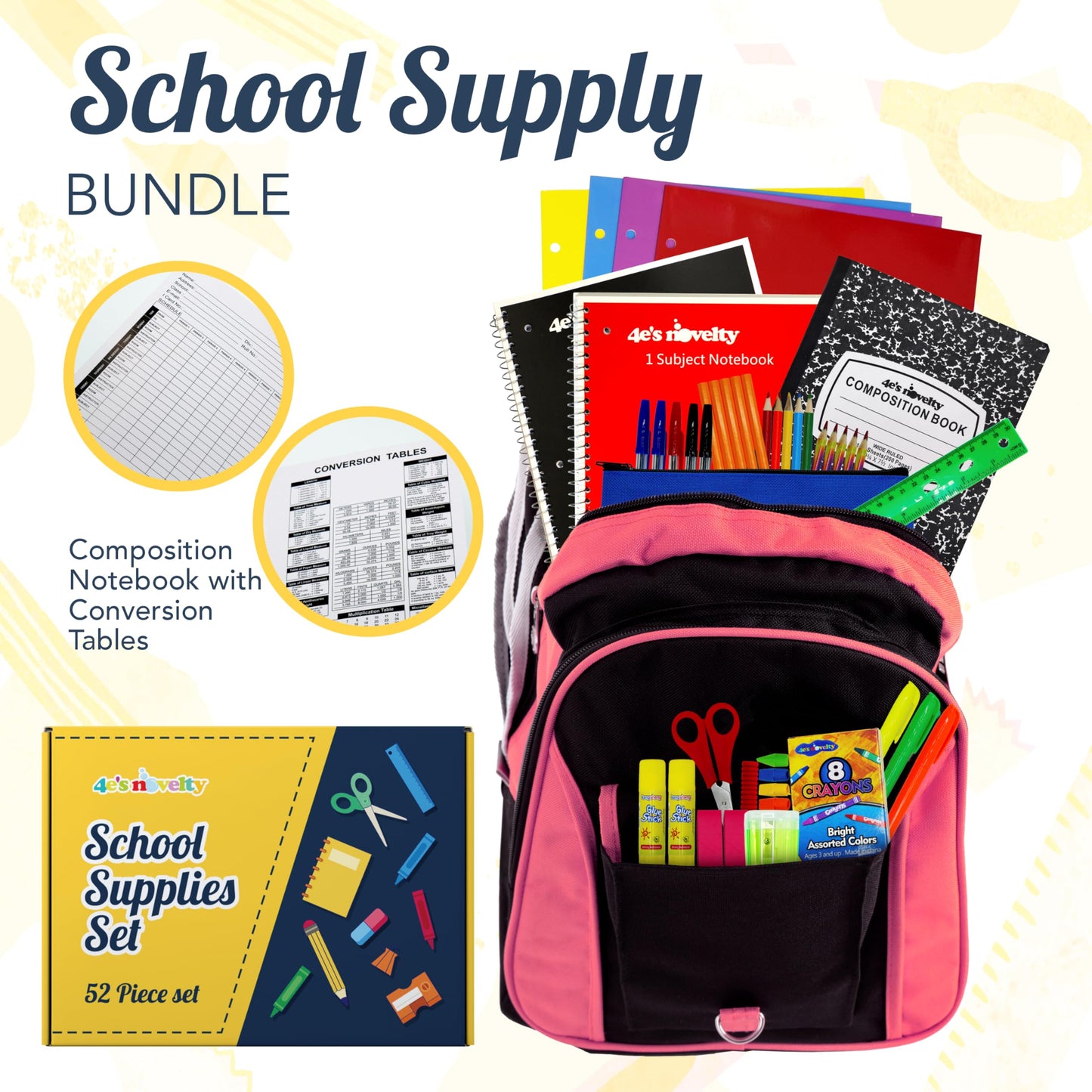 4E's Novelty 52 Pieces Schools Supplies Kit for K1-8 Back to School Supply Box with Essential Student Kits, School Supply Bundle Middle Elementary Schools Supplies Kit Grades 1 2 3 4 5 6 7 8