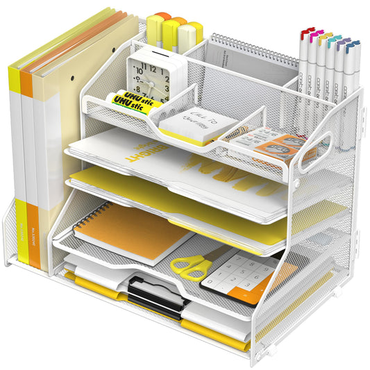 YINGHUA 5 Tier Paper Tray Letter Organizer with Top 6 Adjustable Compartments and File Holder - Paper Sorter Office Desktop Accessories with Handles for Document,Mail,School Supplies Storage,White