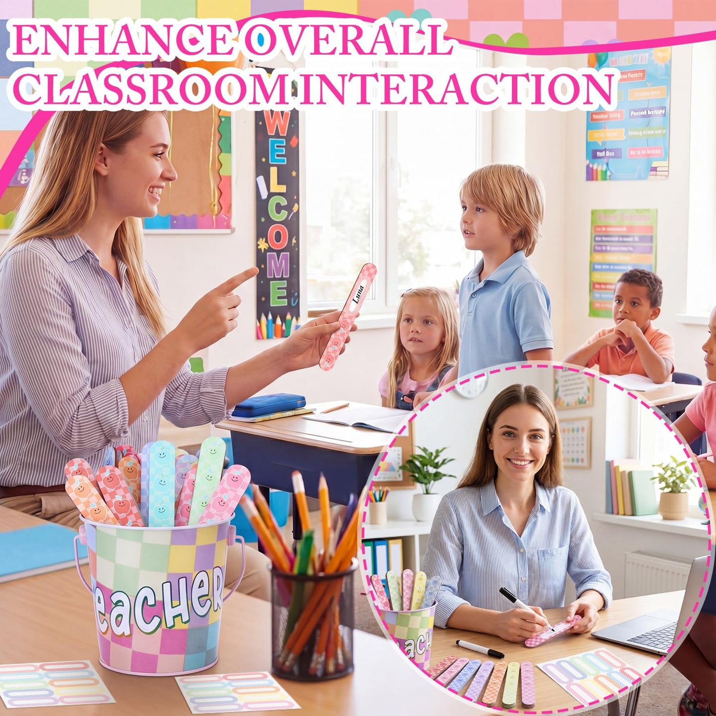 ReliThick 101 Pcs Pastel Checkerboard Flip Name Sticks with Metal Buckets Back to School Talking Sticks with Metal Holder Set for Classroom Management Tool Teacher Essentials Educational Activities