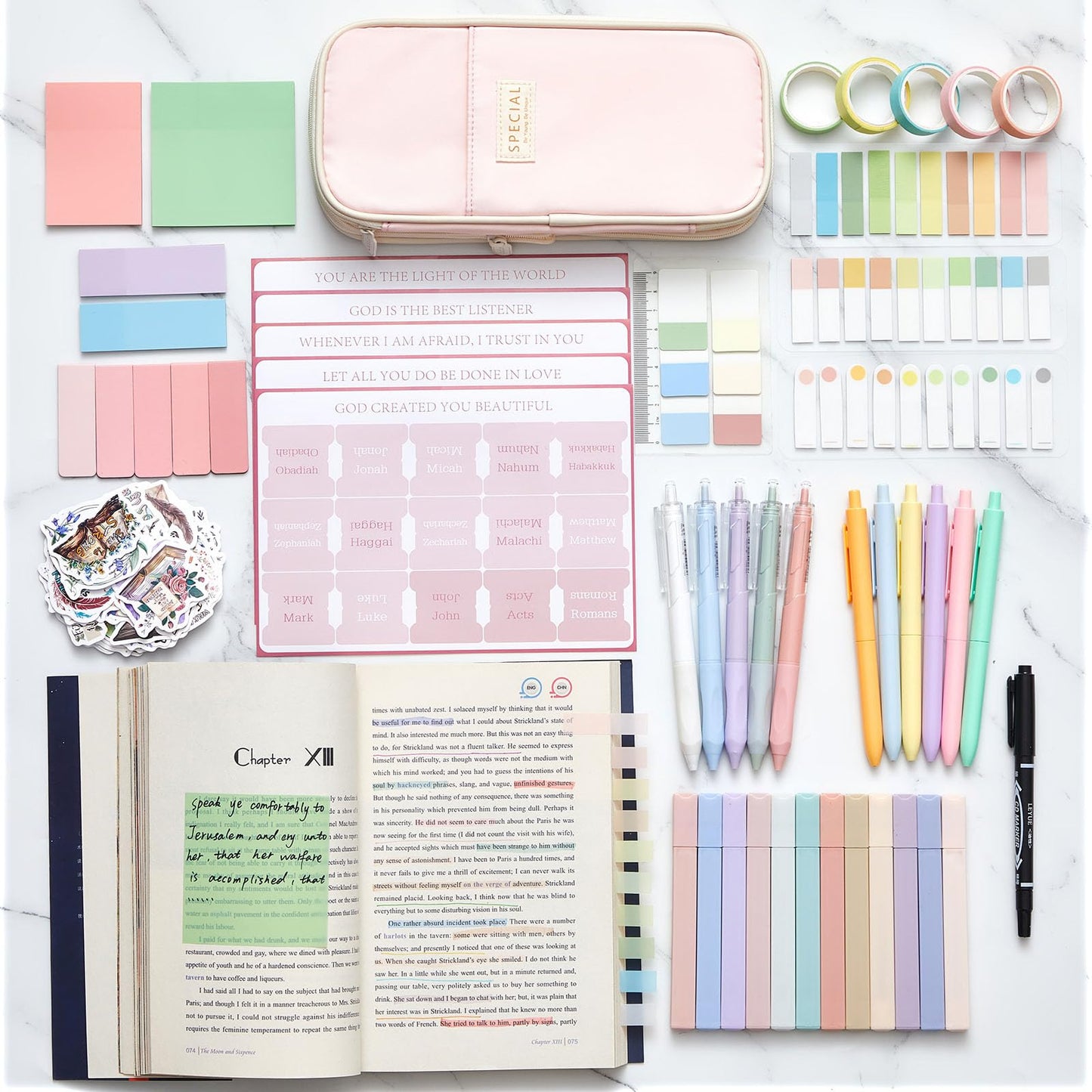 98 Pcs Bible Study Supplies, Bible Journaling Kit for Women, Aesthetic Study Kit with Pencil Case Book Annotation Aesthetic Highlighters Notes Gel Pens for Office Christian Gifts Christmas(Pink)