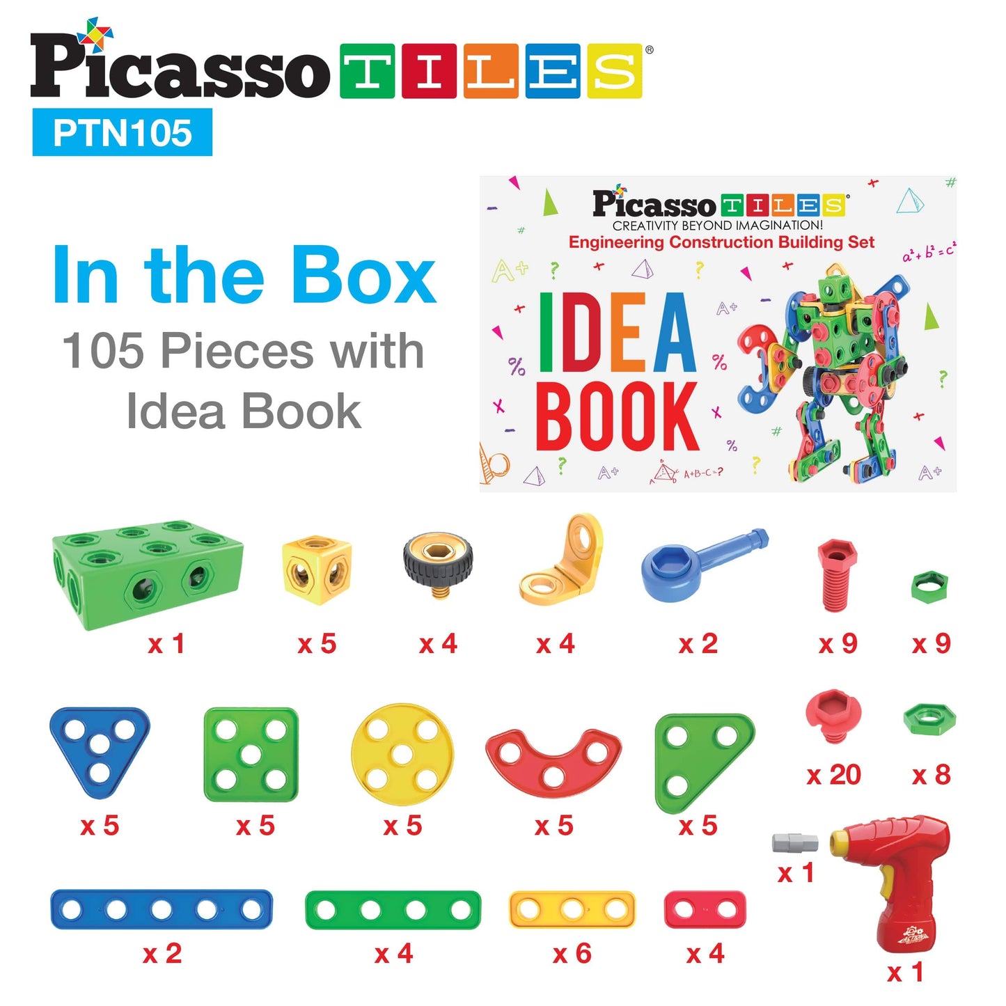 PicassoTiles STEM Learning Toys 105 Piece Building Block Set Kids Construction Engineering Kit Toy Blocks Children Early Education Playset w/IdeaBook, Power Drill, Clickable Ratchet, Age 3+ PTN105