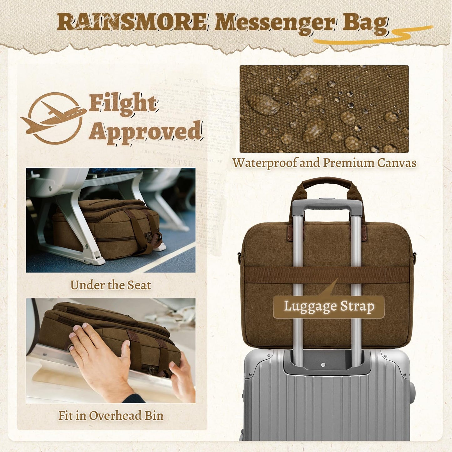 Mens Laptop Messenger Bag 15.6 Inch Canvas Briefcase Waterproof Vintage Computer Bag Shoulder Bag Satchel Bags for Work College Travel