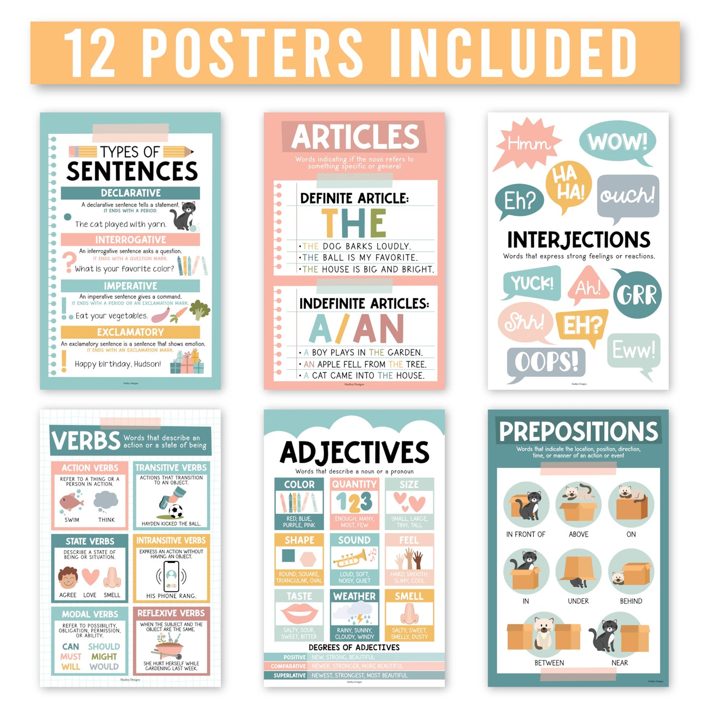 Parts of Speech Posters for Classroom Must Haves - 12 Grammar Posters, Writing Process for Homeschool, Elementary & Middle School, ELA 3rd 4th & 5th Grade Teacher Must Haves, Boho Classroom Décor