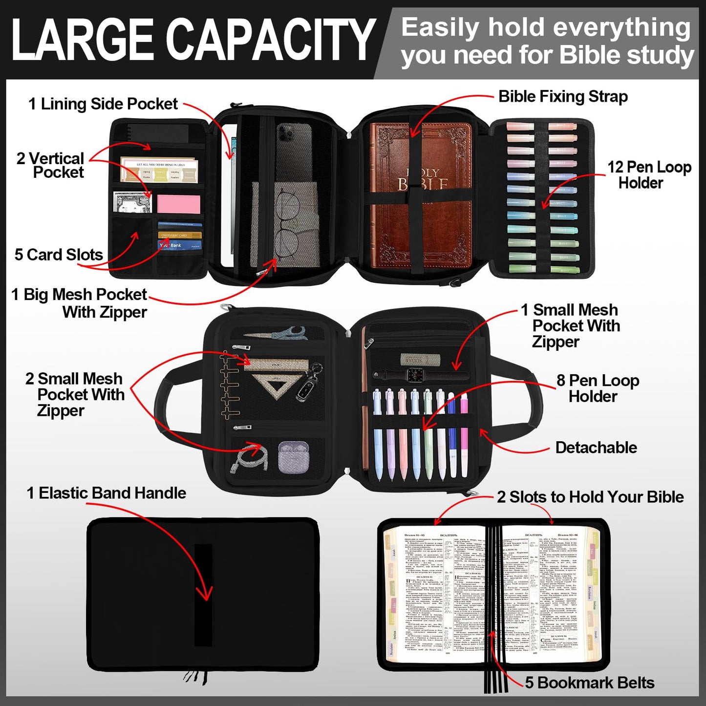 IBOVODI Bible Cover Case for Men Women with Highlighters Tabs Pens Cross Clips Large Church Bag with Zippered Pocket and Handle, Bible Study Supplies Bible Journaling Kit Book Carrying Case (Black)
