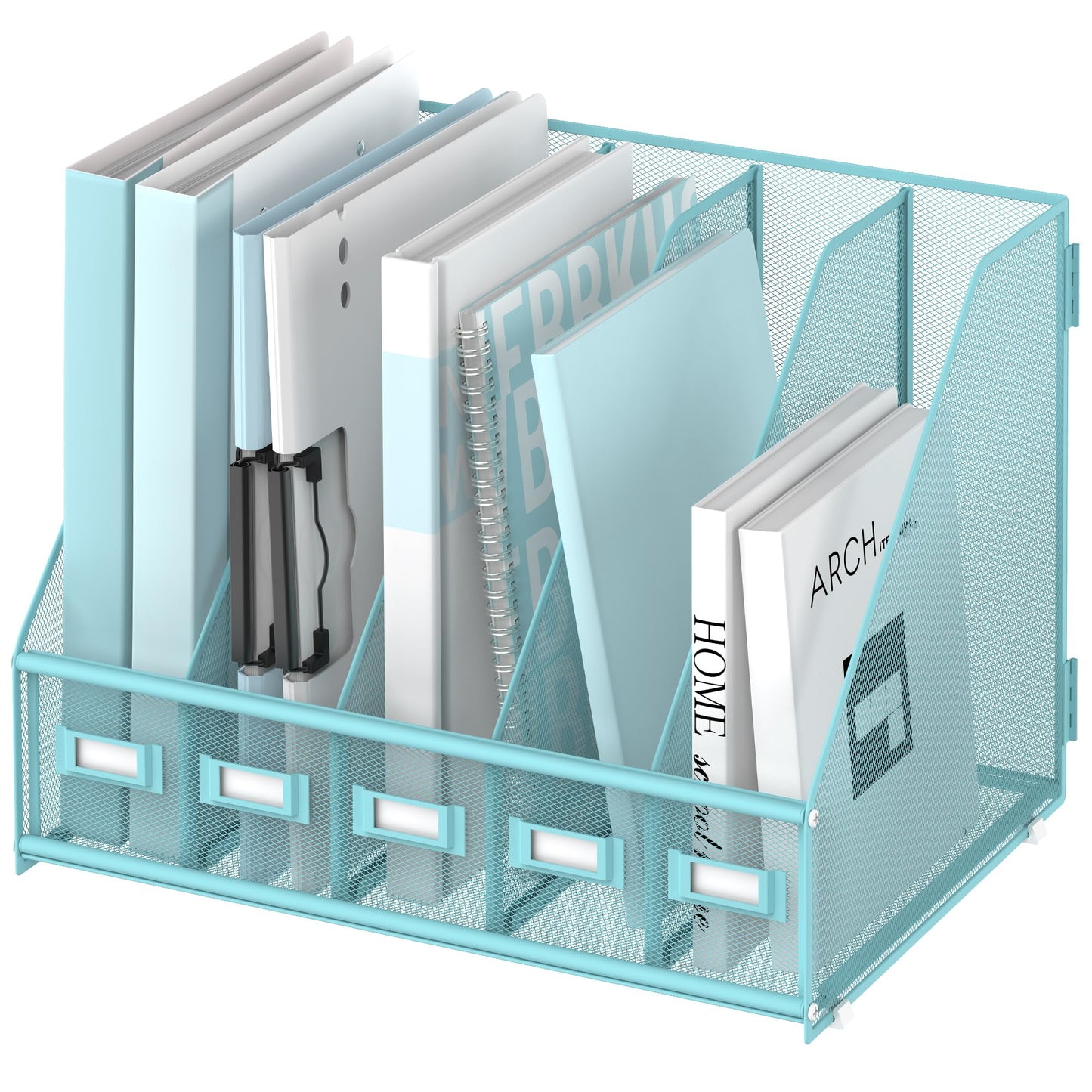 SUPEASY Desk Organizers Metal Desk Magazine File Holder with 5 Vertical Compartments Rack File Organizer for Office Desktop, Classroom, Home Workspace, Blue