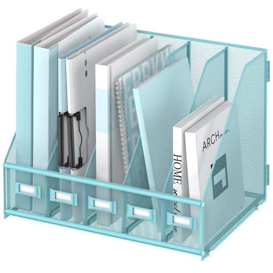 SUPEASY Desk Organizers Metal Desk Magazine File Holder with 5 Vertical Compartments Rack File Organizer for Office Desktop, Classroom, Home Workspace, Blue
