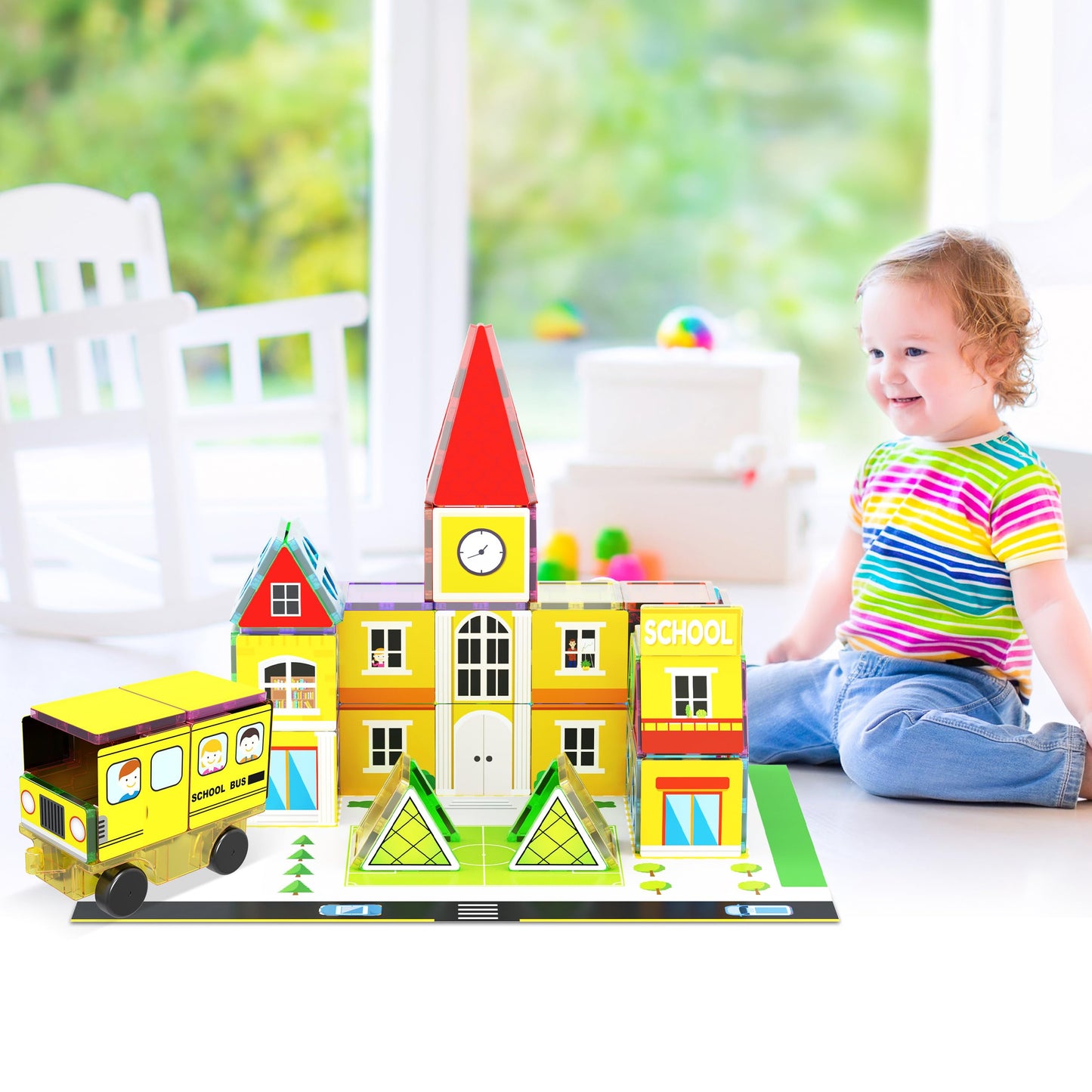 PicassoTiles 3-in-1 Theme Set School Hospital Police Station Magnet Self Adhesive Backing Stick-On Sheet Combo w/Car Magnet Building Block Playset STEM Learning Construction Brain Development Kit