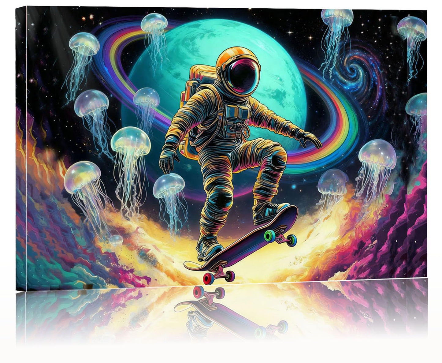 16x24 Framed Space Astronaut Skateboard Canvas Wall Art Colorful Galaxy Print with Jellyfish Rainbow Cosmic Tenn Boy Room Fantasy Decor Kids Bedroom Funny Earth Poster Child Study Room Office Picture