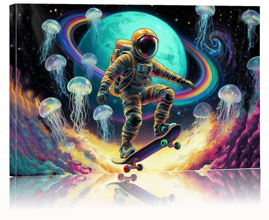 16x24 Framed Space Astronaut Skateboard Canvas Wall Art Colorful Galaxy Print with Jellyfish Rainbow Cosmic Tenn Boy Room Fantasy Decor Kids Bedroom Funny Earth Poster Child Study Room Office Picture