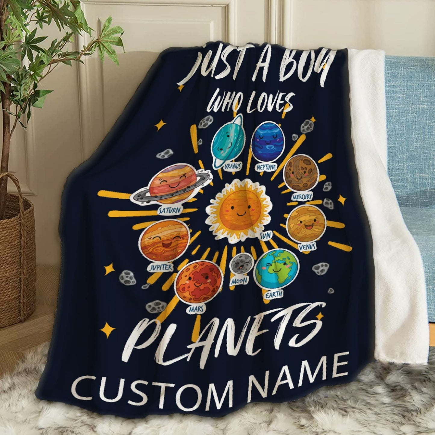 ARTBLANKET Just A Boy Who Loves Planets & Solar Throw Blanket Fannel Fleece Super Soft Funny Blanket Travel Throw Blanket for Bed Couch Sofa Custom Name
