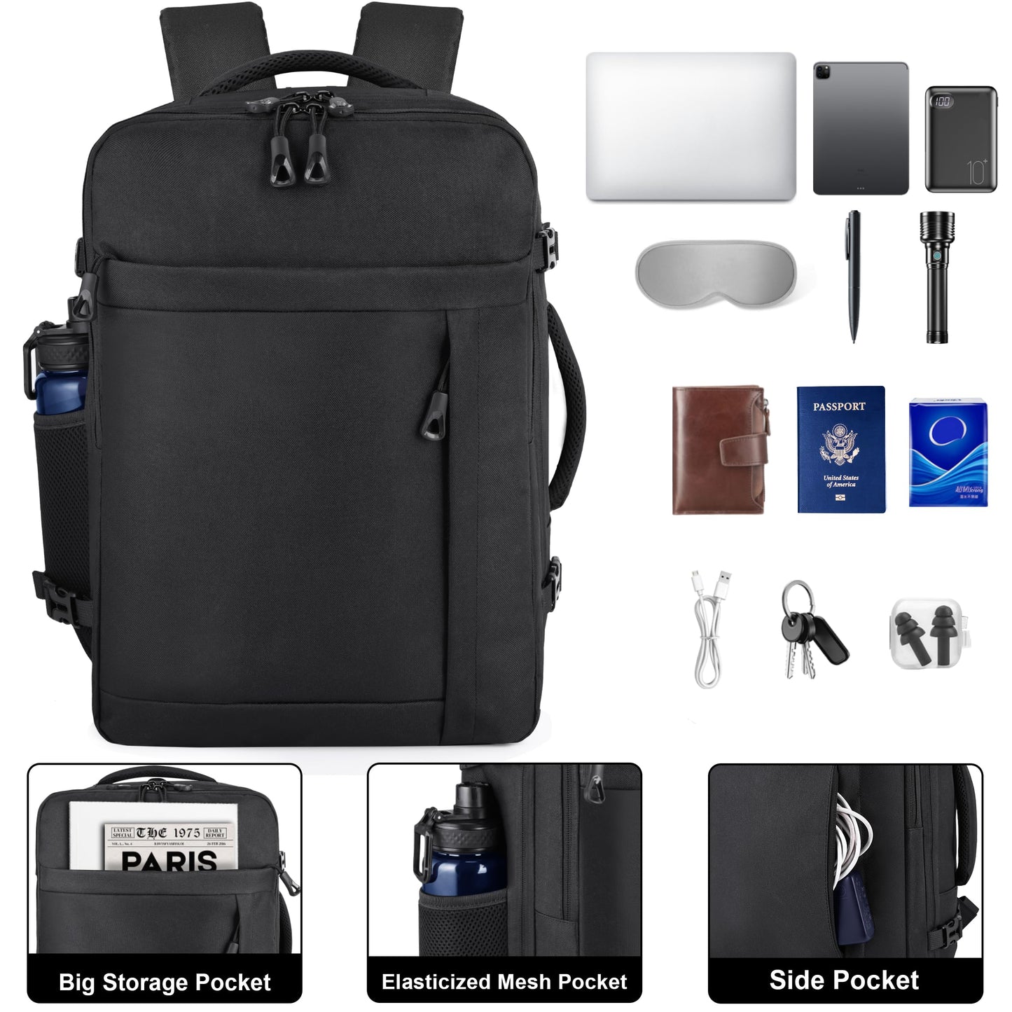 HILOMON Black Travel Backpack for Men Women, TSA Approved Personal Item Size 18x14x8 Under Seat Backpack for Airplanes 15.6inch Laptop 30L Luggage Carry On Bag