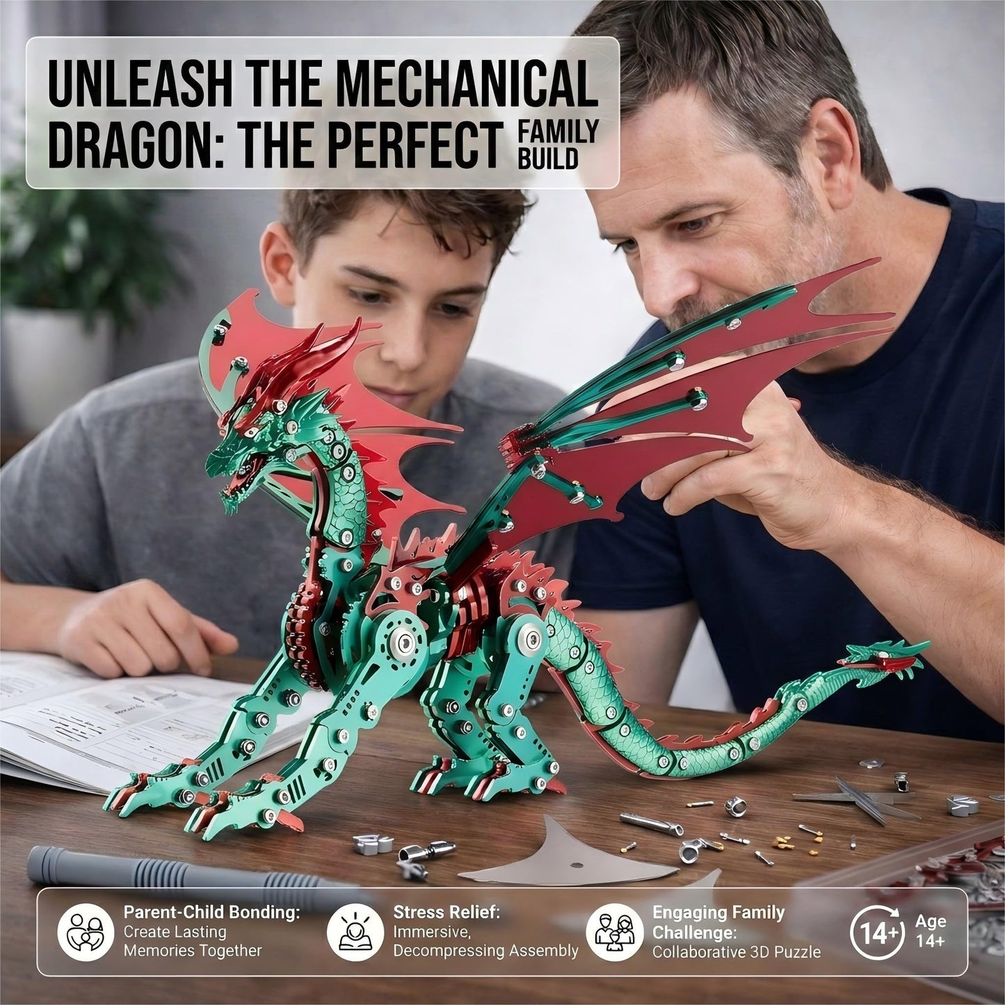 3D Metal Dragon Model Kit for Adults, Mechanical Pterosaur Puzzle, DIY Assembly Steel Model, Challenging Building Kit, Unique Gift for Men Desk Decor