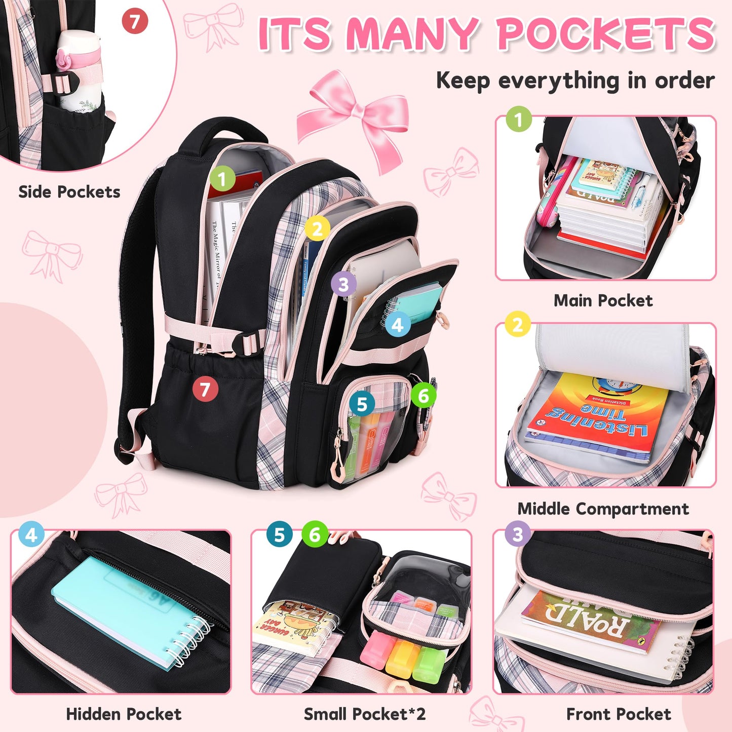 QIXIHU Girls Backpack, 17-Inch Bookbag for Middle & Elementary School, Kawaii Kids Backpack for Girls Ages 6-12(Black Pink)