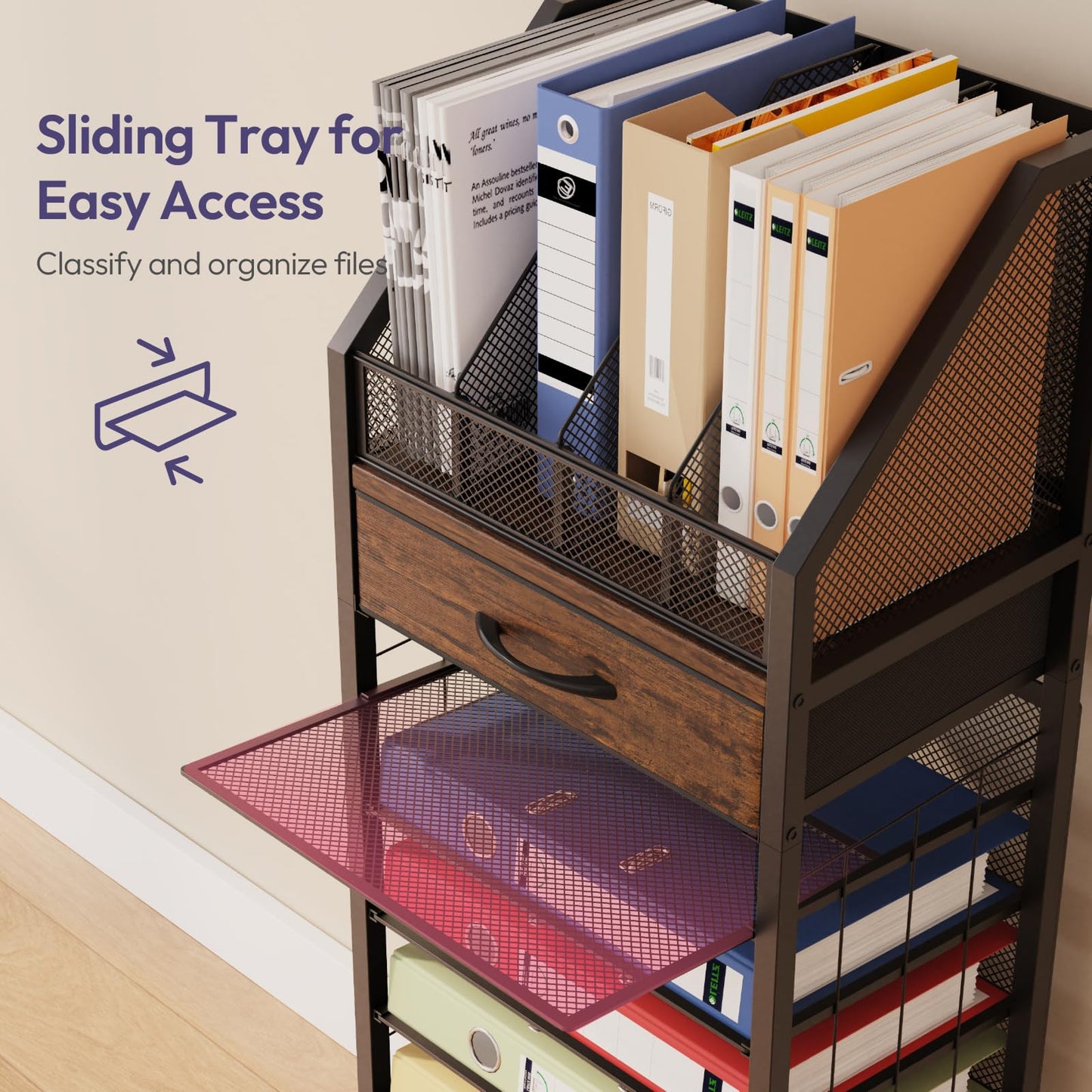 SWTYMIKI 9-Tier Rolling File Cart - Paper Organizer with Drawer and Trays, Wood Desk Office Organizer, Office Organization and Binder Storage for Workspace, Home, School, Espresso