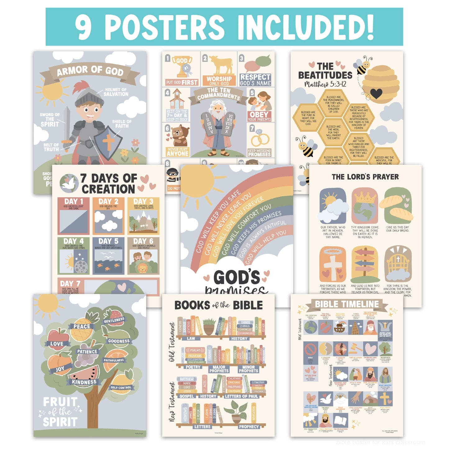 Hadley Designs Sunday School Decorations for Classroom –9 Bible Posters for Kids, Books of the Bible, 10 Commandments, Bible Timeline Chart, Fruits of the Spirit, Boho Christian Classroom Decor