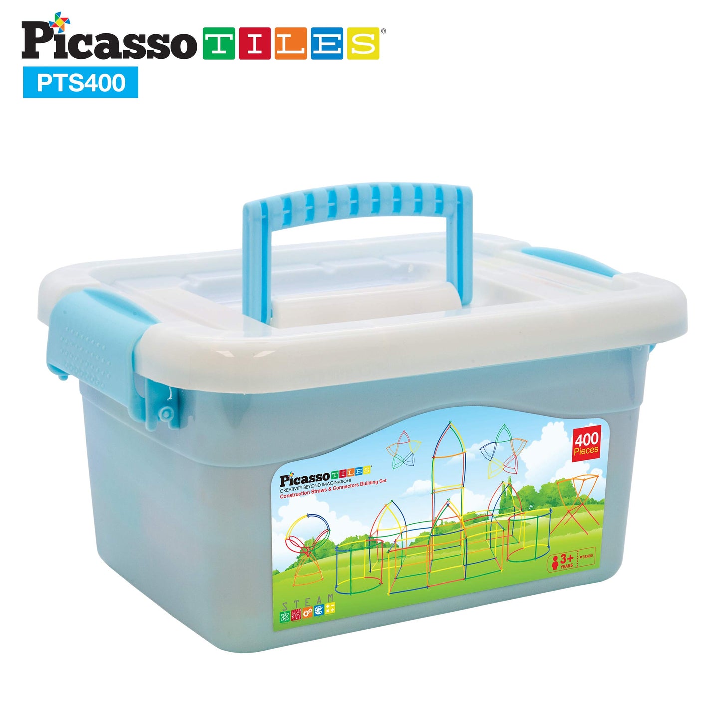 PicassoTiles 400pc Construction Toy Straw Building Set Children STEM Learning Interlocking Building Toys Creative Straw Connecting Builder Kits Early Education Kit for Kids Boys & Girls Ages 3+ PTS400